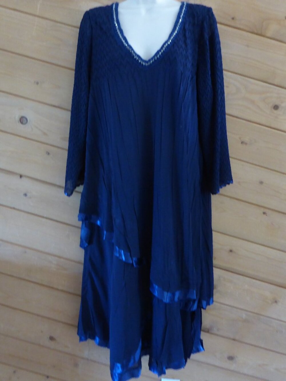 Komarow Dark Blue Beaded V-neck Midi Long Layered Evening Party Lined Dress 2X